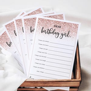 Birthday Party Activity for Her, Pink Glitter Confetti, Hopes for the Birthday Girl, Fill in Advice Cards, Instant Digital Download 133