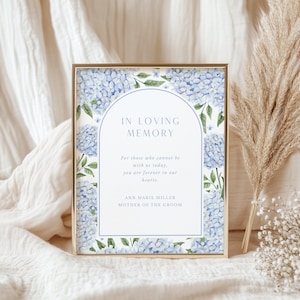 May include: A framed sign with the text "IN LOVING MEMORY" and a floral border of blue hydrangeas. The sign includes the text "For those who cannot be with us today, you are forever in our hearts." and the name "ANN MARIE MILLER MOTHER OF THE GROOM."