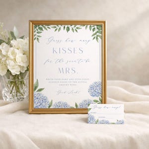 Guess How Many Kisses Bridal Shower Game Sign and Slips, Blue Hydrangea Shower Activity Instant Download, Printable Files, 428