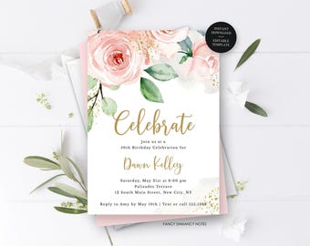 Blush roze bloemen 50e verjaardagsuitnodiging, zelfbewerken elke leeftijd, gouden accenten, print/tekst, direct downloaden, Corjl bewerkbare sjabloon #418