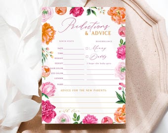 Pink Peony Baby in Bloom Predictions & Advice Cards | Bright Pink and Orange Floral Baby Shower Activity | Instant Digital Download 119