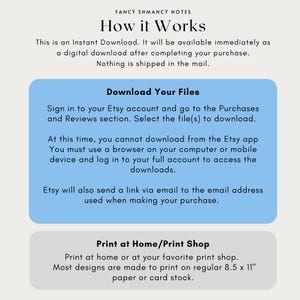The image is a collection of text and graphics that provide information about how to download files from the Etsy app and print them at home or a print shop.