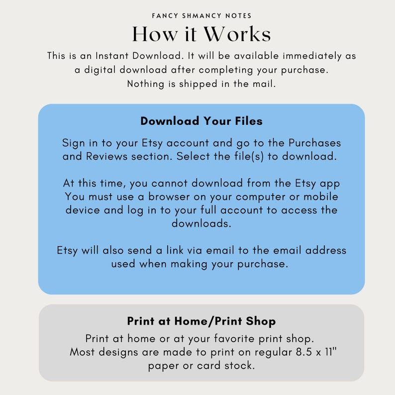The image is a collection of text and graphics that provide information about how to download files from the Etsy app and print them at home or a print shop.