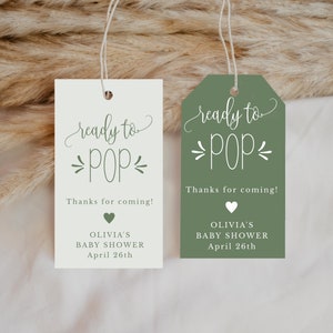 Ready to Pop Sage Green Editable Baby Shower Popcorn Favor Hanging Tag, Self-Edit Text and Colors, Instant Download, CORJL Template #916