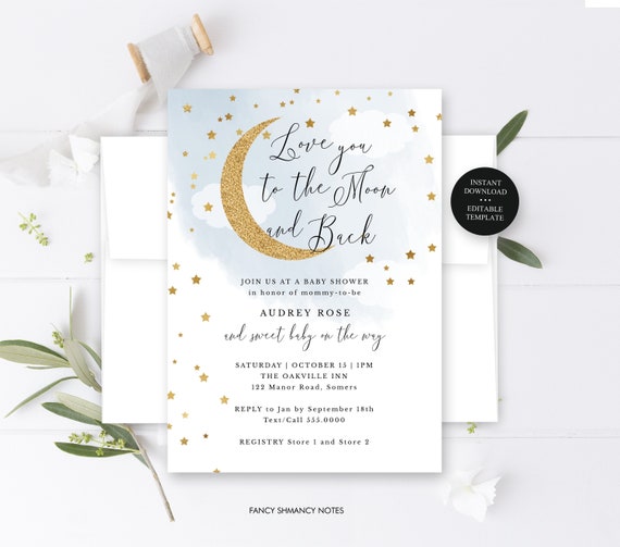Glitter Moon and Stars, Baby Shower Invitation, Love you to the Moon and Back, Editable Digital Invitation, Instant Download, #703 Il_570xn
