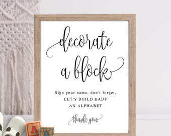 Decorate a Block, Baby Shower Alphabet Blocks Activity, Script Calligraphy Black and White, Instant Download, Printable File #916