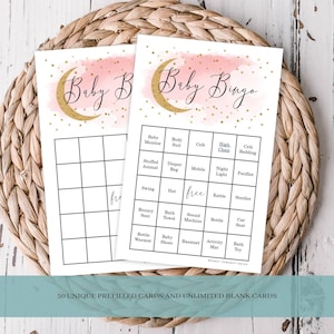 Gold Moon and Stars Baby Bingo Game | 50 Prefilled, Blank & Calling Cards | Pink Watercolor Design | Printable PDF Instant Download #703