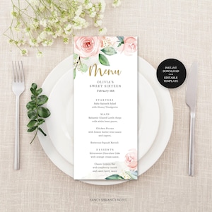 Editable Menu, Blush Pink Watercolor Roses, EditText for Bridal Baby Wedding Shower Birthday, Instant Download, CORJL Template -418