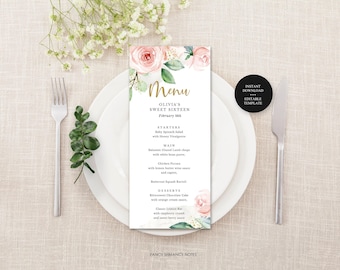 Editable Menu, Blush Pink Watercolor Roses, EditText for Bridal Baby Wedding Shower Birthday, Instant Download, CORJL Template -418