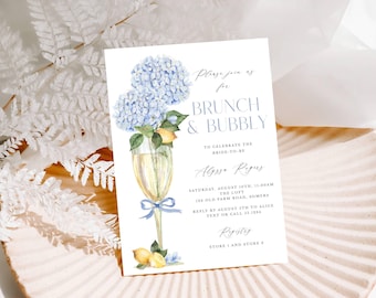 Invitación para despedida de soltera con brunch y burbujas, diseño floral de hortensias y limón, plantilla editable de Corjl 433