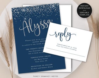 Bat Mitzvah bearbeitbares Einladungs- und Antwortkarten-SET, silberner Glitter und benutzerdefinierte Farben, Druck oder Text, sofortiger Download, CORJL-Vorlage-073