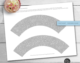 Silver Glitter Cupcake Wrappers Sparkle Glitter DIY Printable Cupcake Wraps Digital Download Printable PDF Instant Download  2127