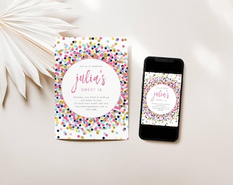 Regenboog glitter verjaardagsfeestje, zelfbewerken, tienerkinderen-elke leeftijd, print/tekst, direct downloaden Corjl bewerkbare sjabloon, #129