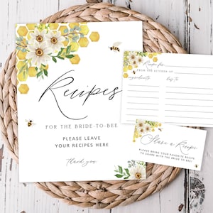 Bee Theme Recipe Card Printable Set- Invitation Insert, Recipe Card and Sign, Daisies and Honey Bee, Printable File Instant Download 126