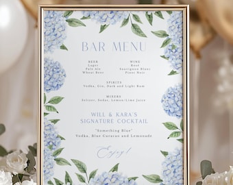 Blue Hydrangea 8x10" Editable Bar Menu and Signature Drink Sign for Shower, Wedding, Party | All Around Floral Design, Editable Template 428