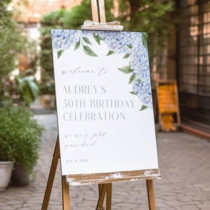 Blue Hydrangea Welcome Sign, Dusty Blue Flower Bloom Corner Border, 3 sizes, Self-Edit, Instant Download, Corjl Editable Template 428