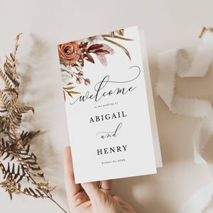 Fall Wedding Program, Edit Yourself Booklet Style, Folded Page, Terracotta Fall Flowers, Rustic Autumn Floral,  Editable Template-124