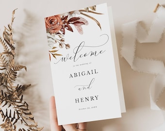 Fall Wedding Program Template,  Terracotta Flowers Editable Booklet-Style, Folded Page, Rustic Autumn Floral, Corjl Editable Template 124