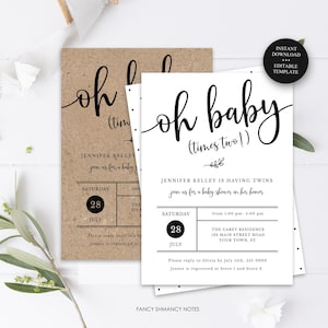 Twins Baby Shower Fully Editable Invitation, Oh Baby (times two) Twin Invite-Boy Girl, Print or Text, Instant Download, CORJL Template-123