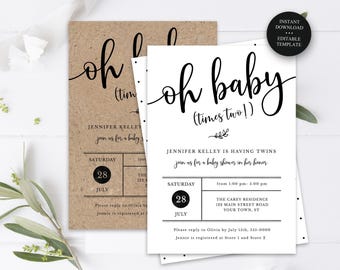 Twins babyshower volledig bewerkbare uitnodiging, Oh Baby (keer twee) tweelinguitnodiging-jongen meisje, print of tekst, direct downloaden, CORJL-sjabloon-123