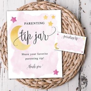 Pink Over the Moon Baby Shower Parenting Tip Jar Sign and Printable Cards, Pink Moon and Stars Theme, Instant Download, Printable File #721