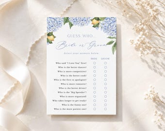 Lemons and Blue Hydrangea Printable Shower Game, Guess Who Bride or Groom, Instant Digital Download 433