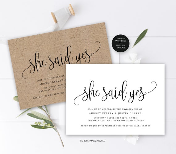 She Said Yes, Engagement, Minimalist Editable Invitation, Print/Text Digital Invitation, pdf/jpeg Instant Download, #916 Il_570xn