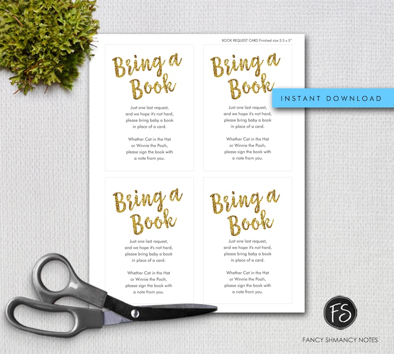 Book Request Card Bring a Book Gold Glitter Script Instant Download Printable Digital File