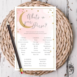 Afdrukbare Over the Moon Baby Shower Game Card, wat zit er in je tas, roze aquarel goud glitter maan, instant download 703