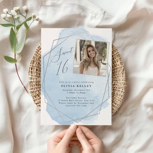 Editable Blue Sweet 16 Birthday Party Photo Invitation Template | Silver Frame | Any Age or Event | Edit Online, Digital Download 012