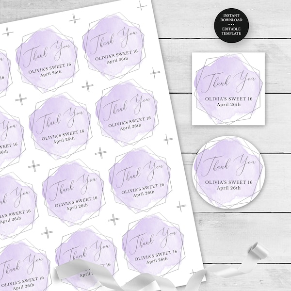 Purple and Silver Editable Party Favor Tags or Stickers 3 Sizes Circle or Square, Self-Edit Text Instant Download CORJL Template #011