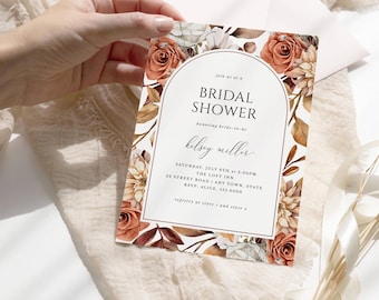Fall Bridal Shower Invitation, Arch Design with Terracotta Flowers Printable Invite, Rustic Autumn Floral, Corjl Editable Template 124