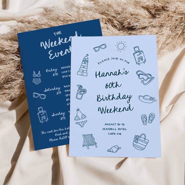 Blue Hand Drawn Birthday Party Invitation Beach Getaway Girls Weekend Doodles Self-Edit Colors Instant Download CORJL Editable Template 309