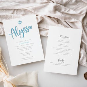 Blue & Silver Glitter Editable Bat Mitzvah All in One Invitation, Optional Star of David Script Name Instant Download CORJL Template 079