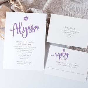 Purple & Silver Glitter Editable Bat Mitzvah Invitation and Reply Set Optional Star of David Script Name Instant Download CORJL Template 079