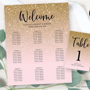 Gold Glitter Fade Editable Seating Chart Sign & Cards, Multiple Sizes, Edit Color, Add Remove Tables, Instant Download, Corjl Template #095