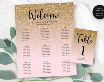 Gold Glitter Fade Editable Seating Chart Sign & Cards, Multiple Sizes, Edit Color, Add Remove Tables, Instant Download, Corjl Template #095