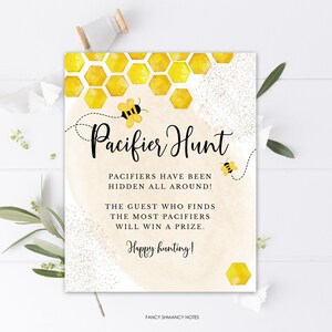 Bee Baby Shower Pacifier Hunt Activity, Watercolor Honeycomb and Bees, Printable at Home, Instant Download #033