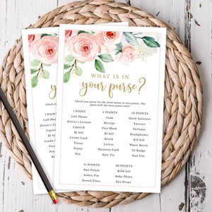 Afdrukbare vrijgezellenfeestspellen roze en gouden aquarelrozen Wat zit er in je portemonnee Spelkaarten Afdrukbare digitale download Instant Download 418