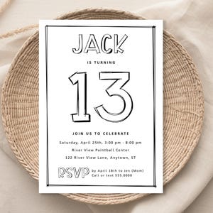 13th Birthday, Simple Sketch Editable Invitation Template | 4x6&quot; or 5x7&quot; | Any Age, Edit Online, Digital Download, Editable Template #088