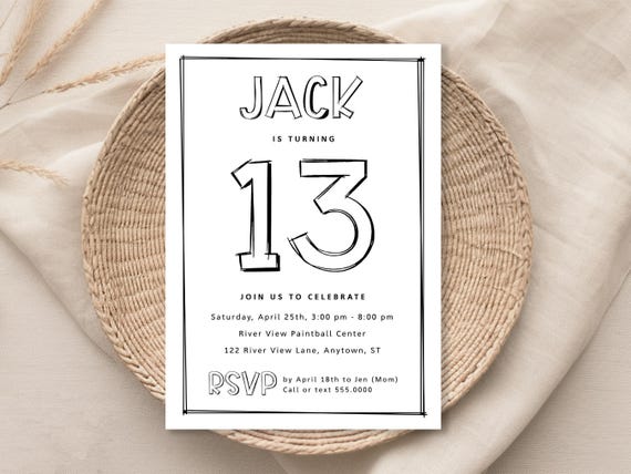 Birthday Invitation, Simple Sketch Design, Edit for Any Age, Corjl Editable Template #088
