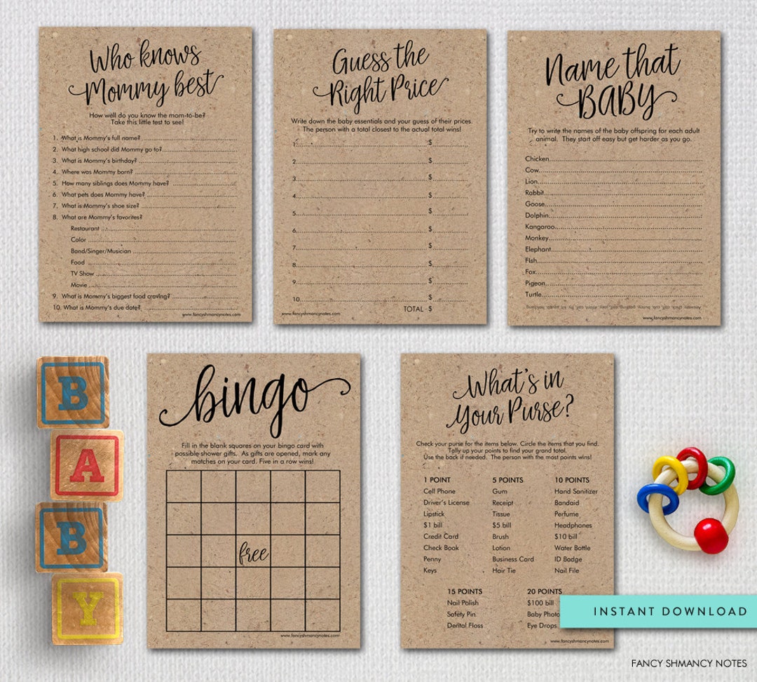 Printable Rustic Baby Shower Games Package, Printable Kraft Shower ...