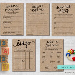 Printable Rustic Baby Shower Games Package, Printable Kraft Shower Games Digital Files, Instant Download image 1