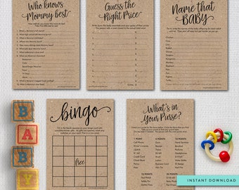 Printable Rustic Baby Shower Games Package, Printable Kraft Shower Games Digital Files, Instant Download