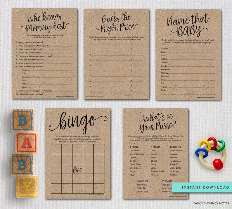 Printable Rustic Baby Shower Games Package, Printable Kraft Shower Games Digital Files, Instant Download image 1