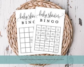 Baby Bingo Game Cards-Set 2 Baby Shower Game Fancy Script, 50 Prefilled Cards, Blank Cards, Calling Cards Printable PDF Instant Download 916