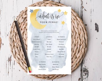 Blue Over the Moon Baby Shower Game, What's In Your Purse, Blue Moon and Stars Theme, Instant Digital Download, Printable File #721