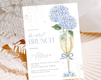 Blue Hydrangea Bridal Shower Brunch Invitation, Champagne Glass & Flowers, Corjl Editable Template 428