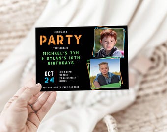 Eenvoudige dubbele verjaardagsuitnodiging 2 foto's bewerk jezelf-elke leeftijd of kleur-kind jongen tiener-zelf bewerken-direct downloaden-Corjl bewerkbare sjabloon-082