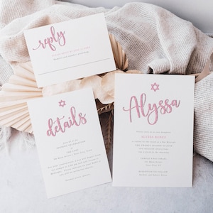 Pink & Silver Glitter Editable Bat Mitzvah Invitation SET Reply Details Card Star of David Script Name Instant Download CORJL Template 079